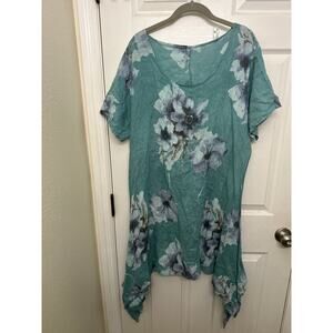 Women’s 100% linen teal floral poncho swim coverup size large made in Italy
